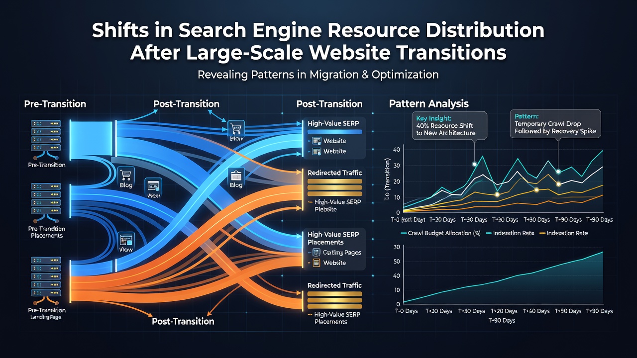 Data tracking dashboard illustrating crawl budget shifts and resource distribution metrics post website transition